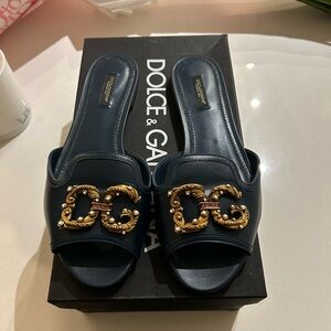 Dolce & Gabbana Navy Leather Slide Mules with Gold DG Ornament